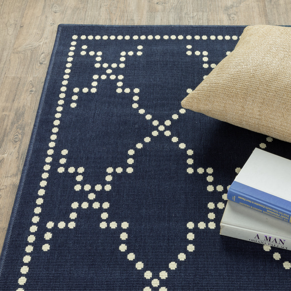 Oriental Weavers Marina 7765B Navy/Ivory Rectangle Indoor / Outdoor Runner - Stain Resistant Machine Made Entryway &amp; Hallway Runner with Geometric Pattern
