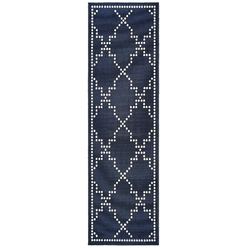 Oriental Weavers Marina 7765B Navy/Ivory Rectangle Indoor / Outdoor Runner - Stain Resistant Machine Made Entryway &amp; Hallway Runner with Geometric Pattern