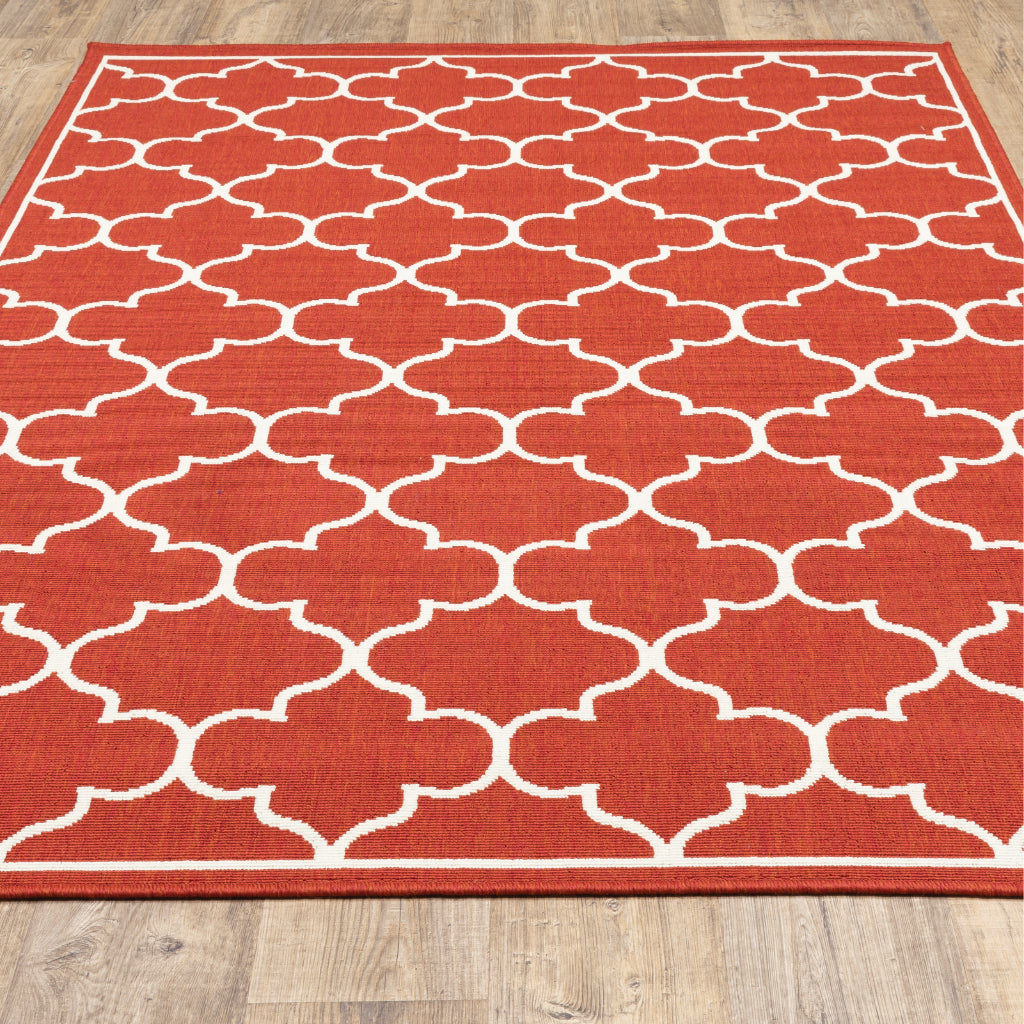 Oriental Weavers Meridian 1295R Red/Ivory Rectangle Indoor / Outdoor Area Rug - Trendy Stain Resistant Machine Made Patio Rug with Trellis Pattern