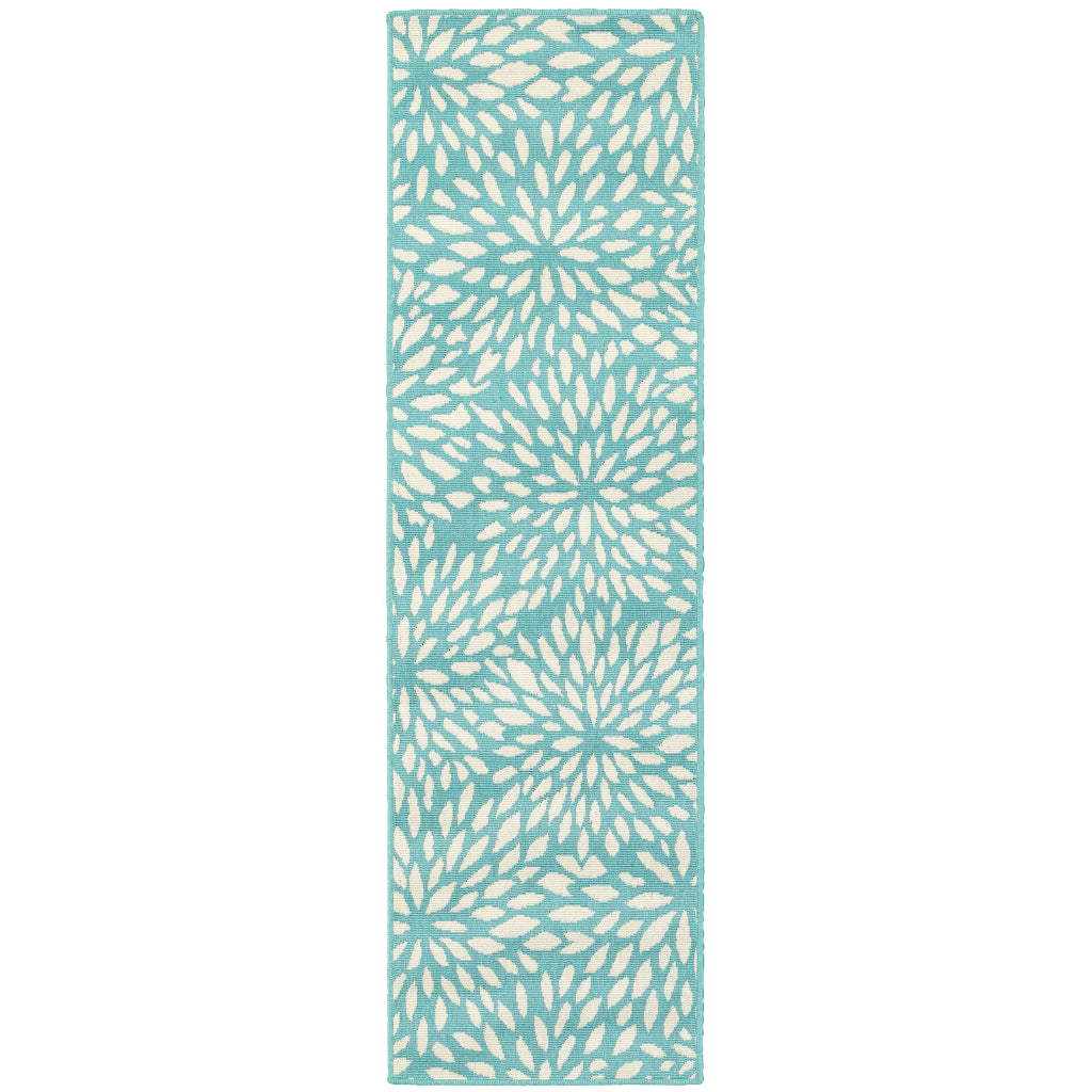 Oriental Weavers Meridian 1506L Blue/Ivory Rectangle Indoor / Outdoor Runner - Trendy Stain Resistant Machine Made Entryway &amp; Hallway Runner with Floral Pattern