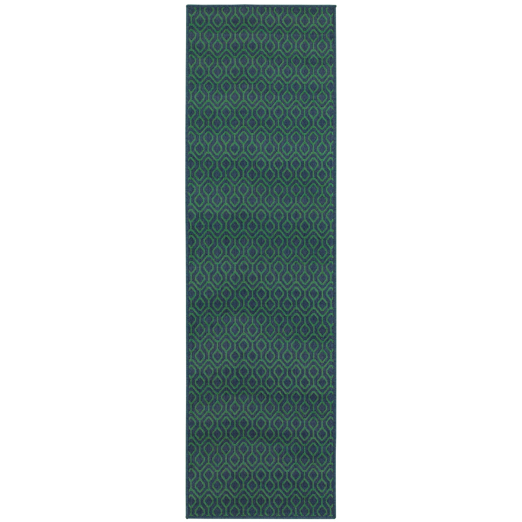 Oriental Weavers Meridian 1634Q Navy/Green Rectangle Indoor / Outdoor Runner - Trendy Stain Resistant Machine Made Entryway &amp; Hallway Runner with Geometric Pattern