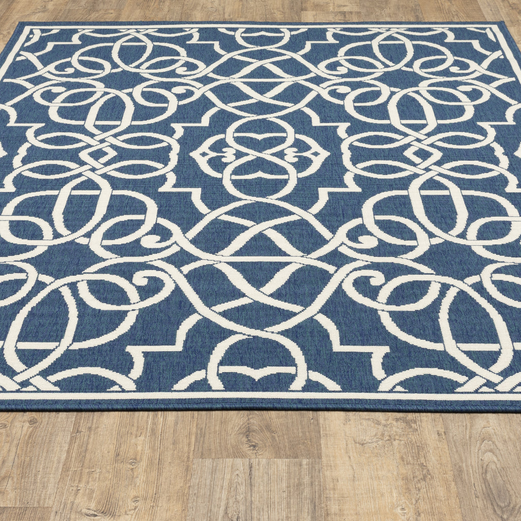 Oriental Weavers Meridian 2205B Navy/Ivory Rectangle Indoor / Outdoor Area Rug - Trendy Stain Resistant Machine Made Patio Rug with Trellis Pattern