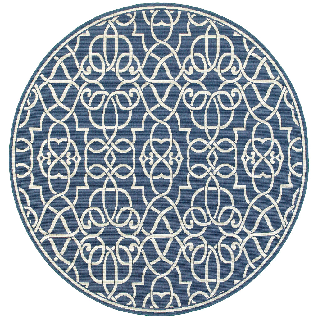 Oriental Weavers Meridian 2205B Navy/Ivory Round Indoor / Outdoor Area Rug - Trendy Stain Resistant Machine Made Rug for Dining &amp; Living Spaces