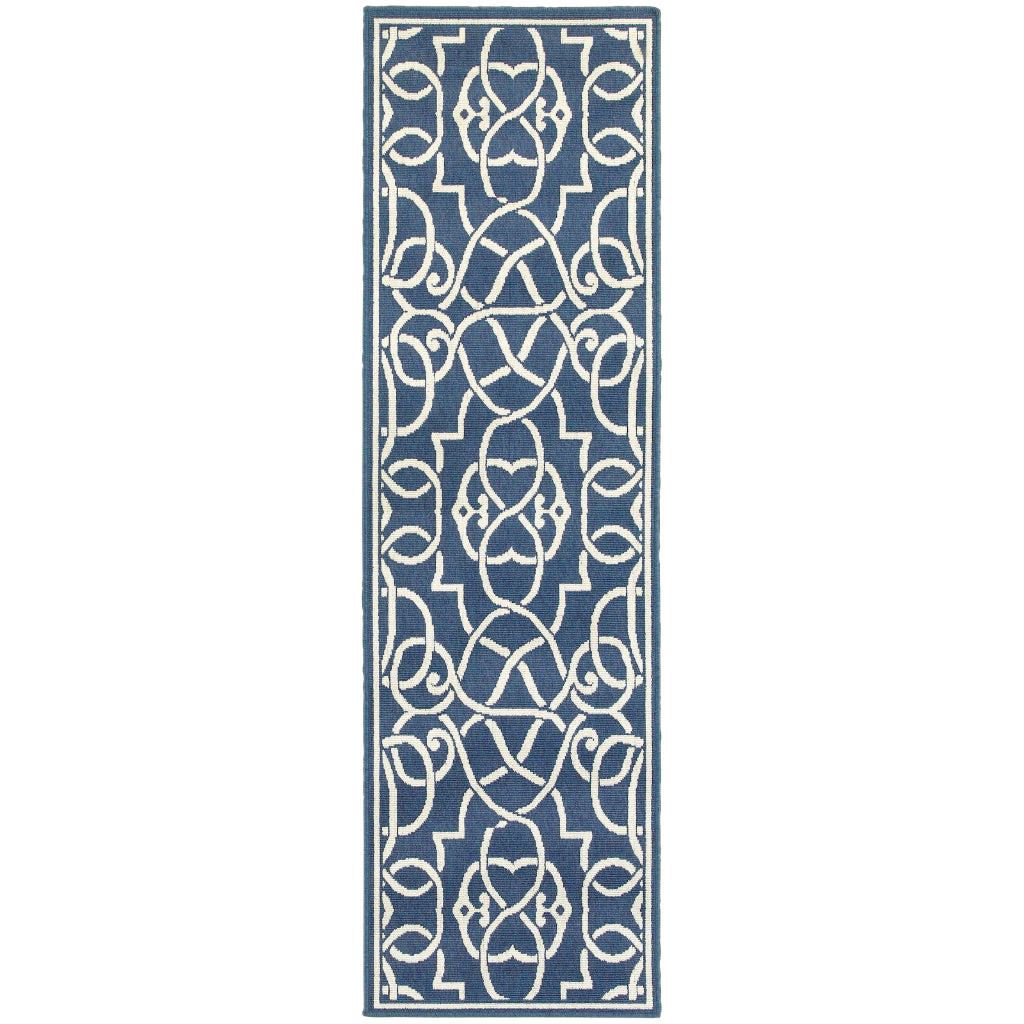 Oriental Weavers Meridian 2205B Navy/Ivory Rectangle Indoor / Outdoor Runner - Trendy Stain Resistant Machine Made Entryway &amp; Hallway Runner with Trellis Pattern