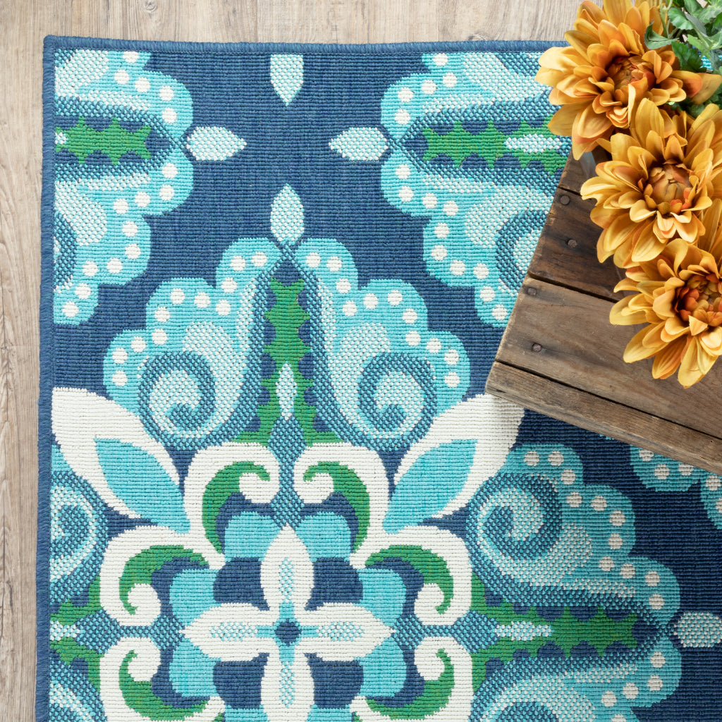 Oriental Weavers Meridian 2206B Blue/Green Rectangle Indoor / Outdoor Runner - Trendy Stain Resistant Machine Made Entryway &amp; Hallway Runner with Medallion Pattern