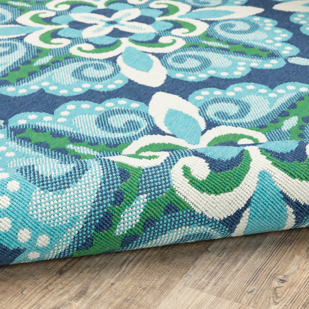 Oriental Weavers Meridian 2206B Blue/Green Rectangle Indoor / Outdoor Runner - Trendy Stain Resistant Machine Made Entryway &amp; Hallway Runner with Medallion Pattern