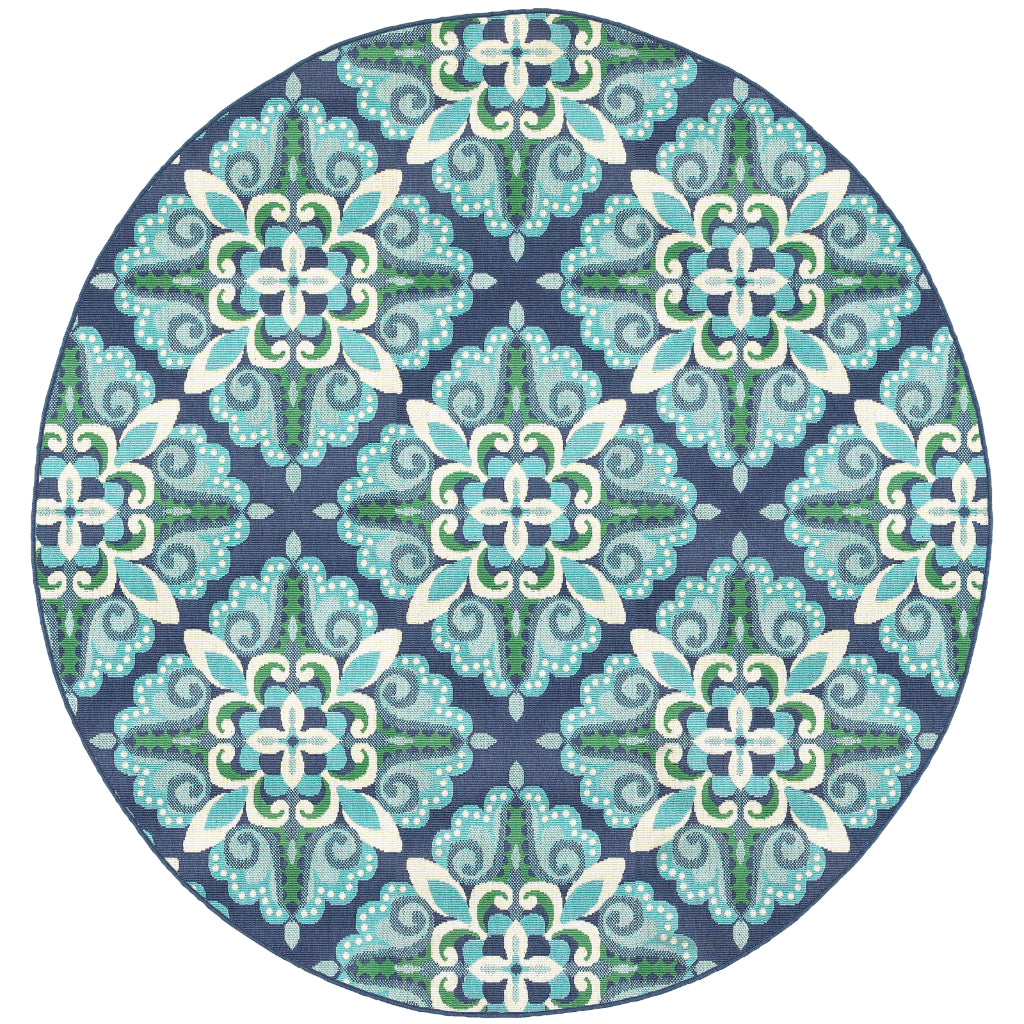 Oriental Weavers Meridian 2206B Blue/Green Round Indoor / Outdoor Area Rug - Trendy Stain Resistant Machine Made Rug for Dining &amp; Living Spaces