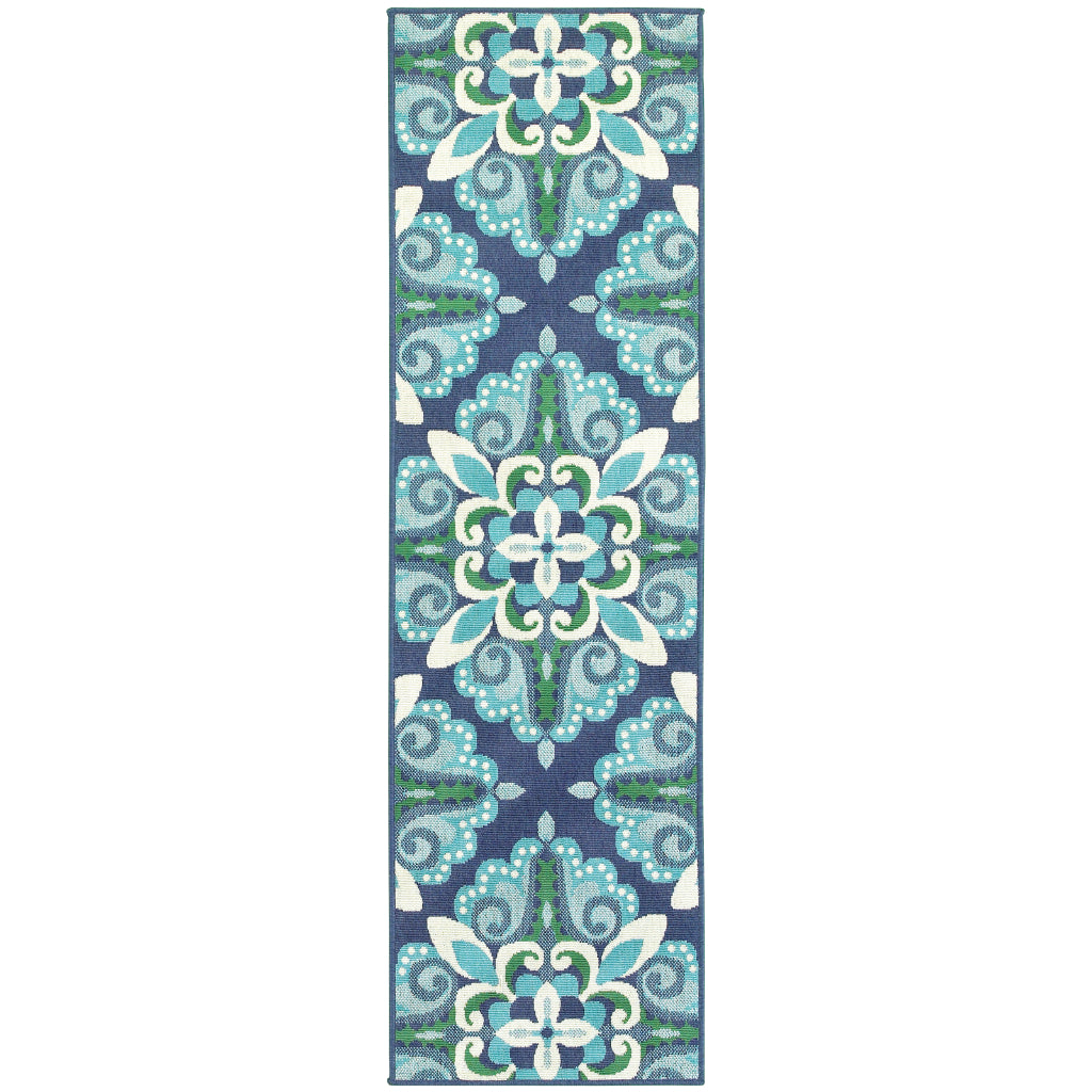 Oriental Weavers Meridian 2206B Blue/Green Rectangle Indoor / Outdoor Runner - Trendy Stain Resistant Machine Made Entryway &amp; Hallway Runner with Medallion Pattern