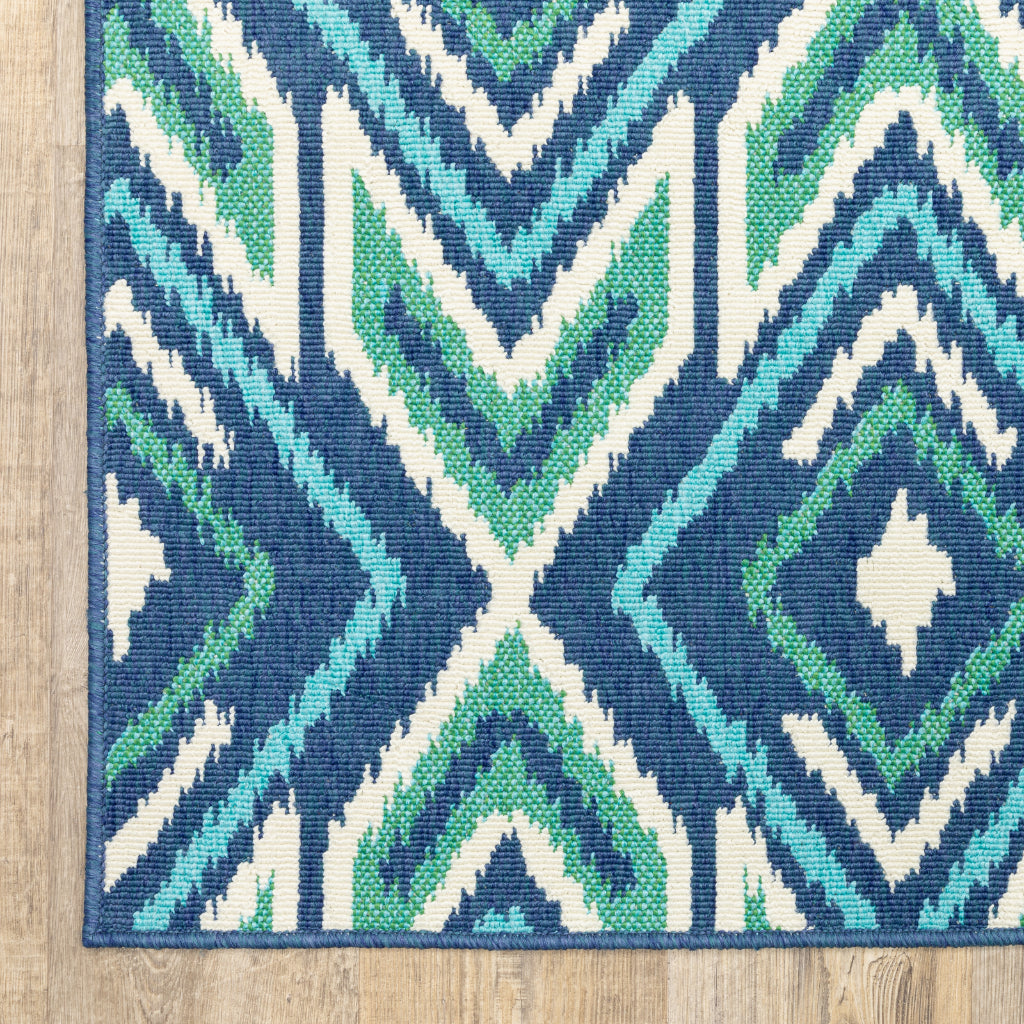 Oriental Weavers Meridian 2209B Navy/Green Rectangle Indoor / Outdoor Runner - Trendy Stain Resistant Machine Made Entryway &amp; Hallway Runner with Geometric Pattern