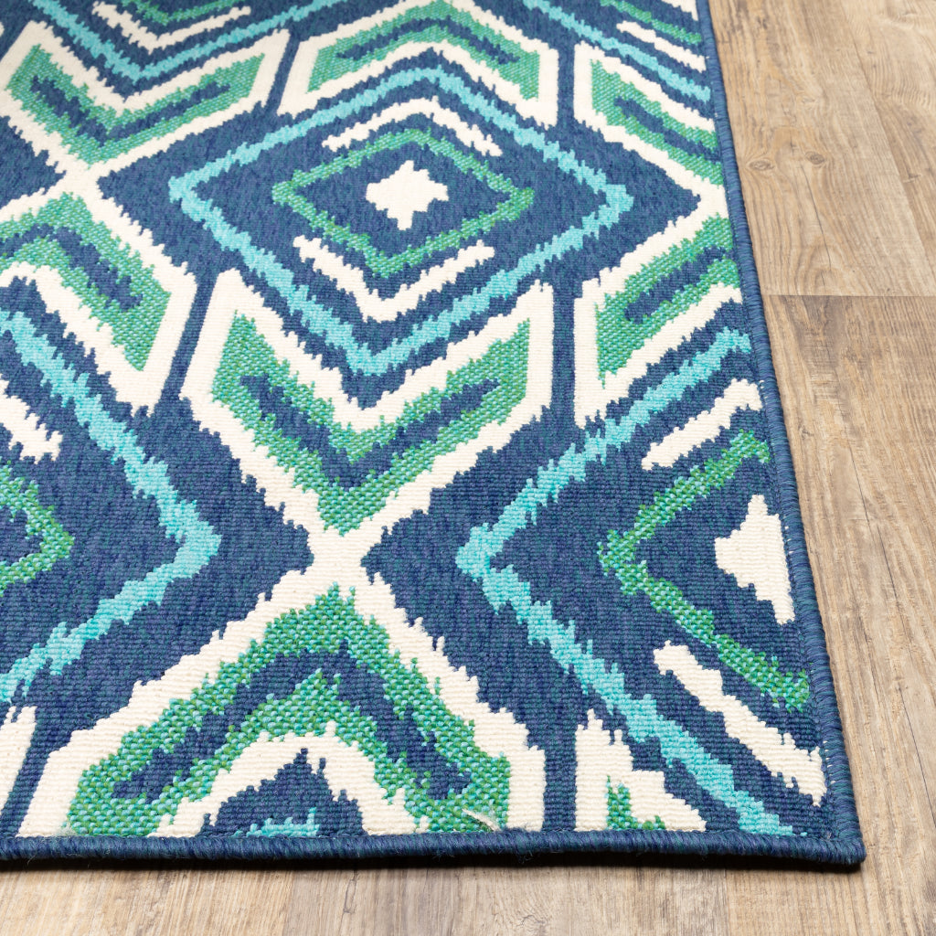 Oriental Weavers Meridian 2209B Navy/Green Rectangle Indoor / Outdoor Runner - Trendy Stain Resistant Machine Made Entryway &amp; Hallway Runner with Geometric Pattern