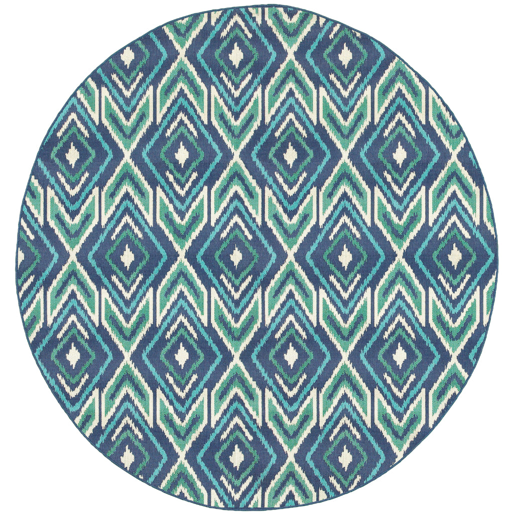 Oriental Weavers Meridian 2209B Navy/Green Round Indoor / Outdoor Area Rug - Trendy Stain Resistant Machine Made Rug for Dining &amp; Living Spaces