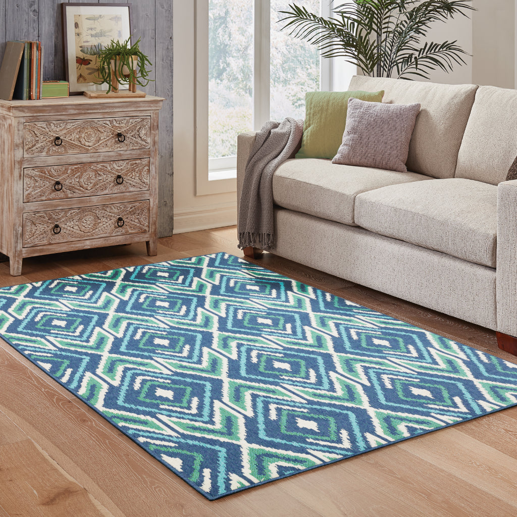 Oriental Weavers Meridian 2209B Navy/Green Rectangle Indoor / Outdoor Area Rug - Trendy Stain Resistant Machine Made Patio Rug with Geometric Pattern