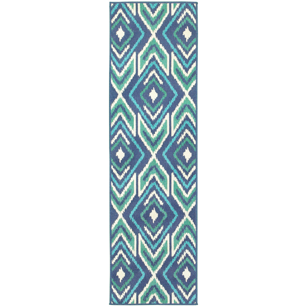 Oriental Weavers Meridian 2209B Navy/Green Rectangle Indoor / Outdoor Runner - Trendy Stain Resistant Machine Made Entryway &amp; Hallway Runner with Geometric Pattern