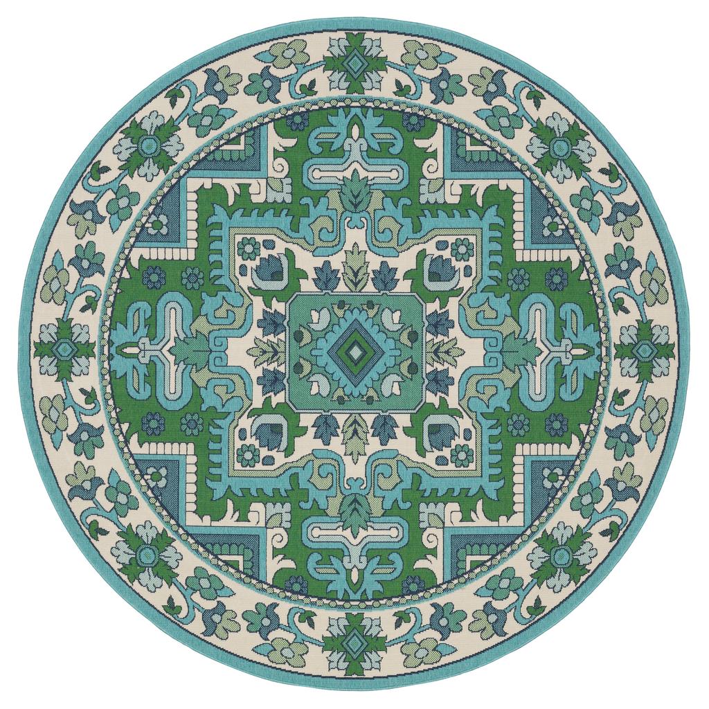Oriental Weavers Meridian 2808G Blue Round Indoor/Outdoor Area Rug Medallion Pattern-