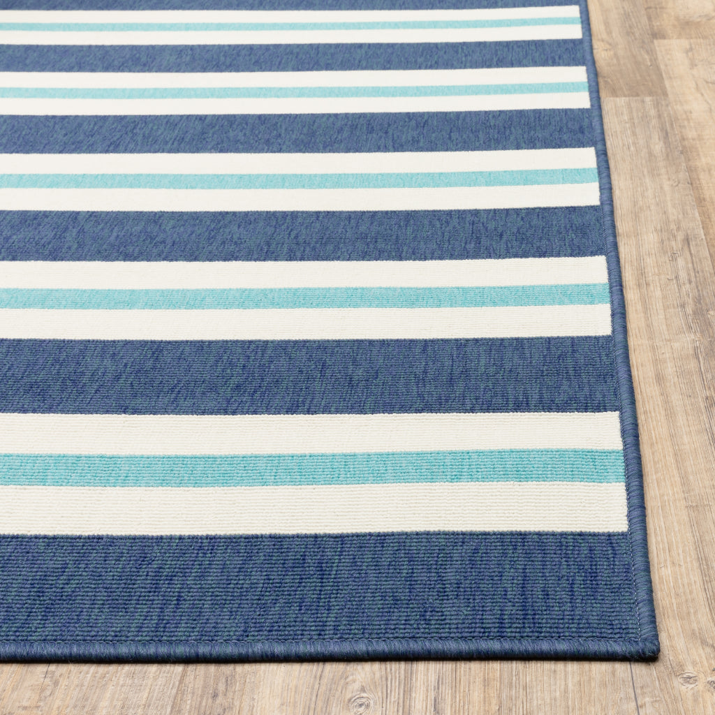 Oriental Weavers Meridian 5701B Blue/Ivory Rectangle Indoor / Outdoor Runner - Trendy Stain Resistant Machine Made Entryway &amp; Hallway Runner with Striped Pattern