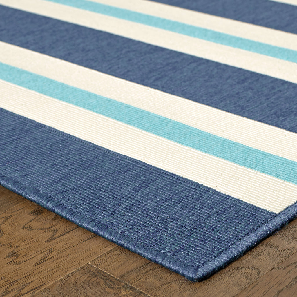 Oriental Weavers Meridian 5701B Blue/Ivory Rectangle Indoor / Outdoor Area Rug - Trendy Stain Resistant Machine Made Patio Rug with Striped Pattern