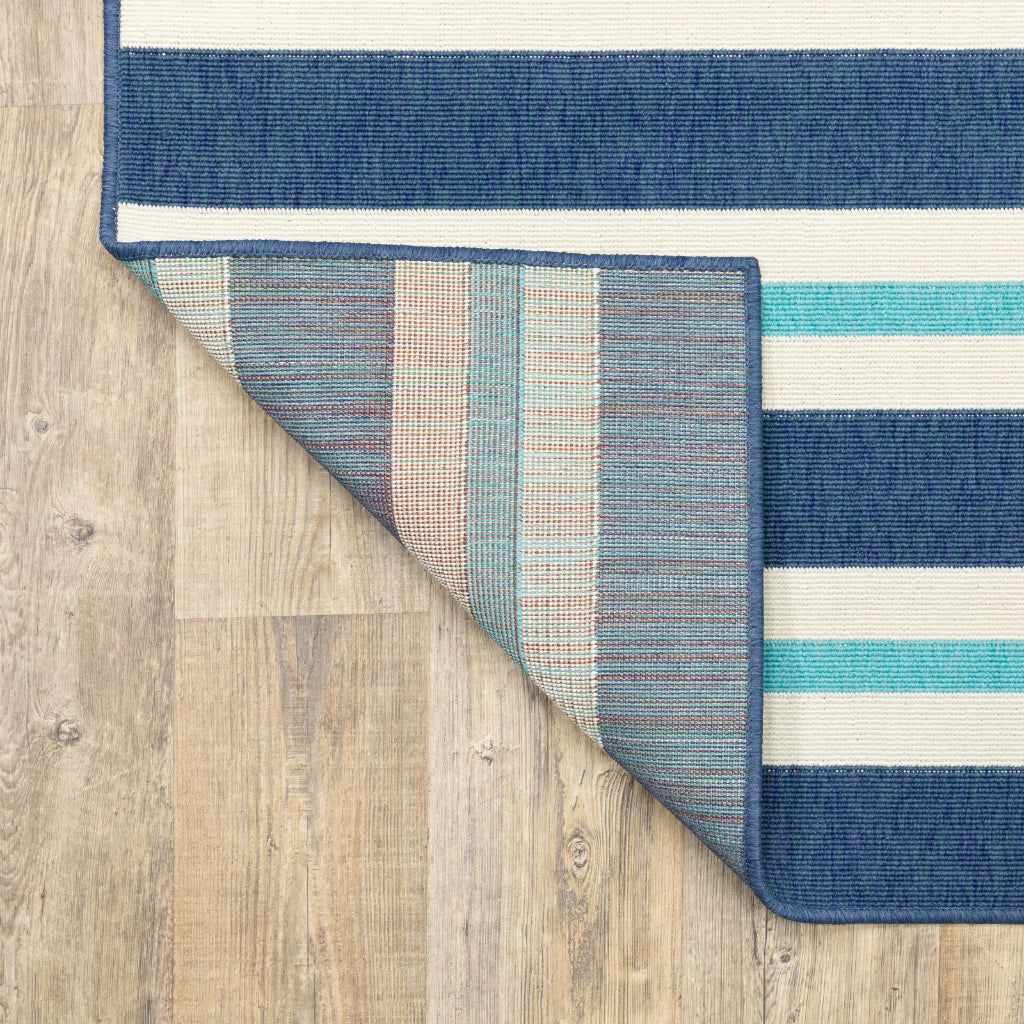 Oriental Weavers Meridian 5701B Blue/Ivory Rectangle Indoor / Outdoor Area Rug - Trendy Stain Resistant Machine Made Patio Rug with Striped Pattern