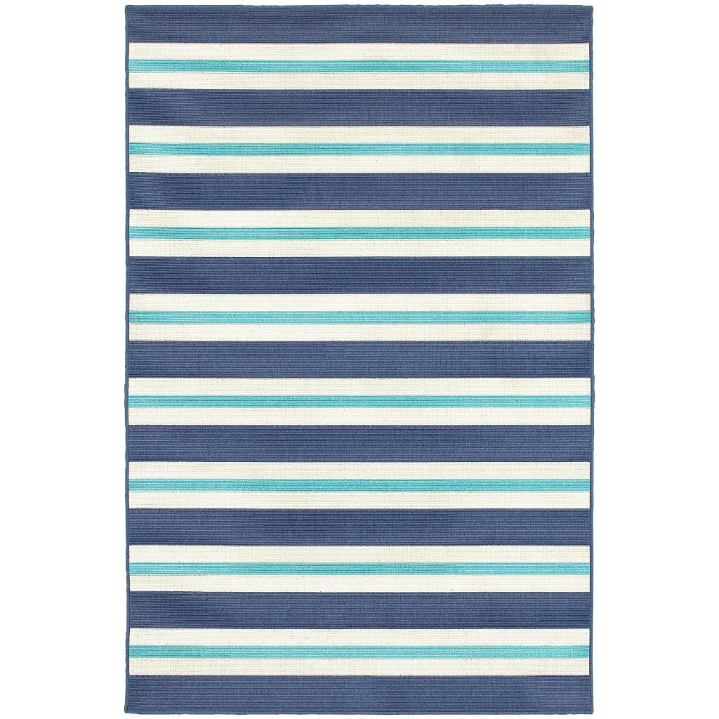 Oriental Weavers Meridian 5701B Blue/Ivory Rectangle Indoor / Outdoor Area Rug - Trendy Stain Resistant Machine Made Patio Rug with Striped Pattern