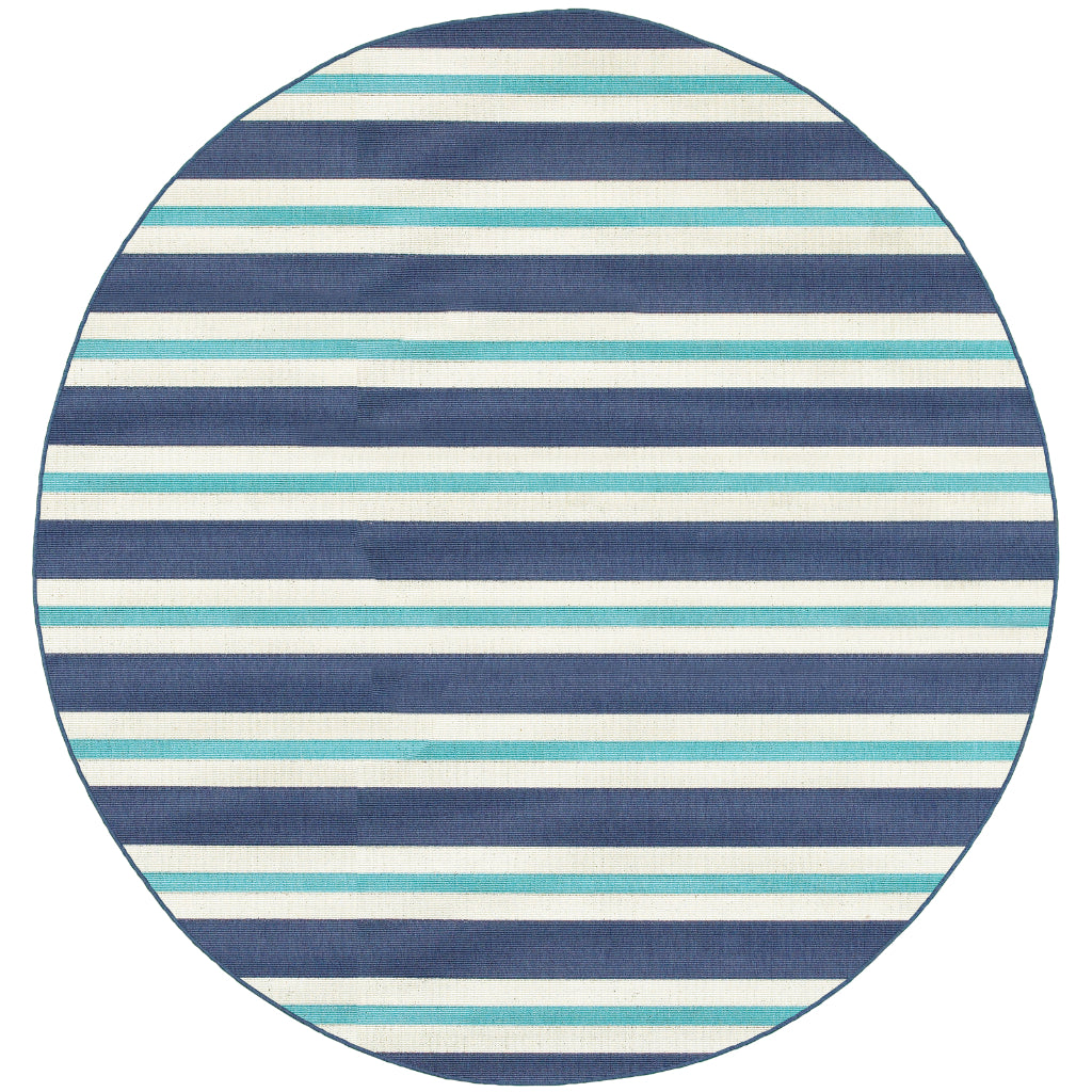 Oriental Weavers Meridian 5701B Blue/Ivory Round Indoor / Outdoor Area Rug - Trendy Stain Resistant Machine Made Rug for Dining &amp; Living Spaces