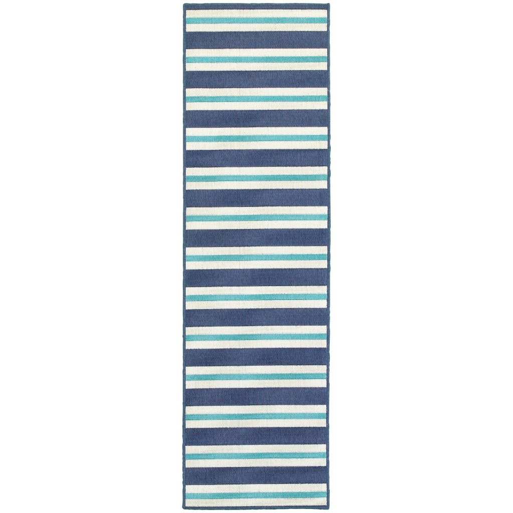 Oriental Weavers Meridian 5701B Blue/Ivory Rectangle Indoor / Outdoor Runner - Trendy Stain Resistant Machine Made Entryway &amp; Hallway Runner with Striped Pattern