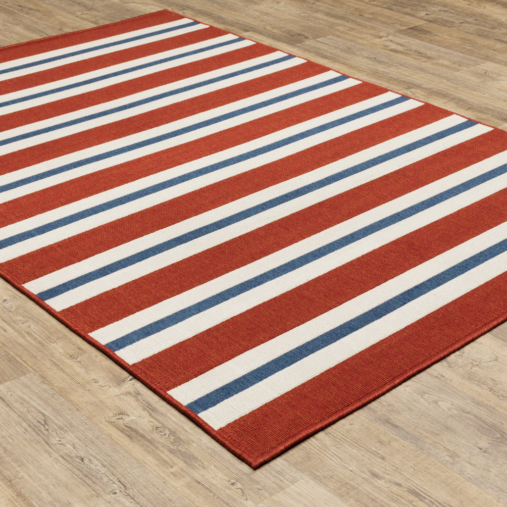 Oriental Weavers Meridian 5701R Red/Blue Rectangle Indoor / Outdoor Area Rug - Trendy Stain Resistant Machine Made Patio Rug with Striped Pattern