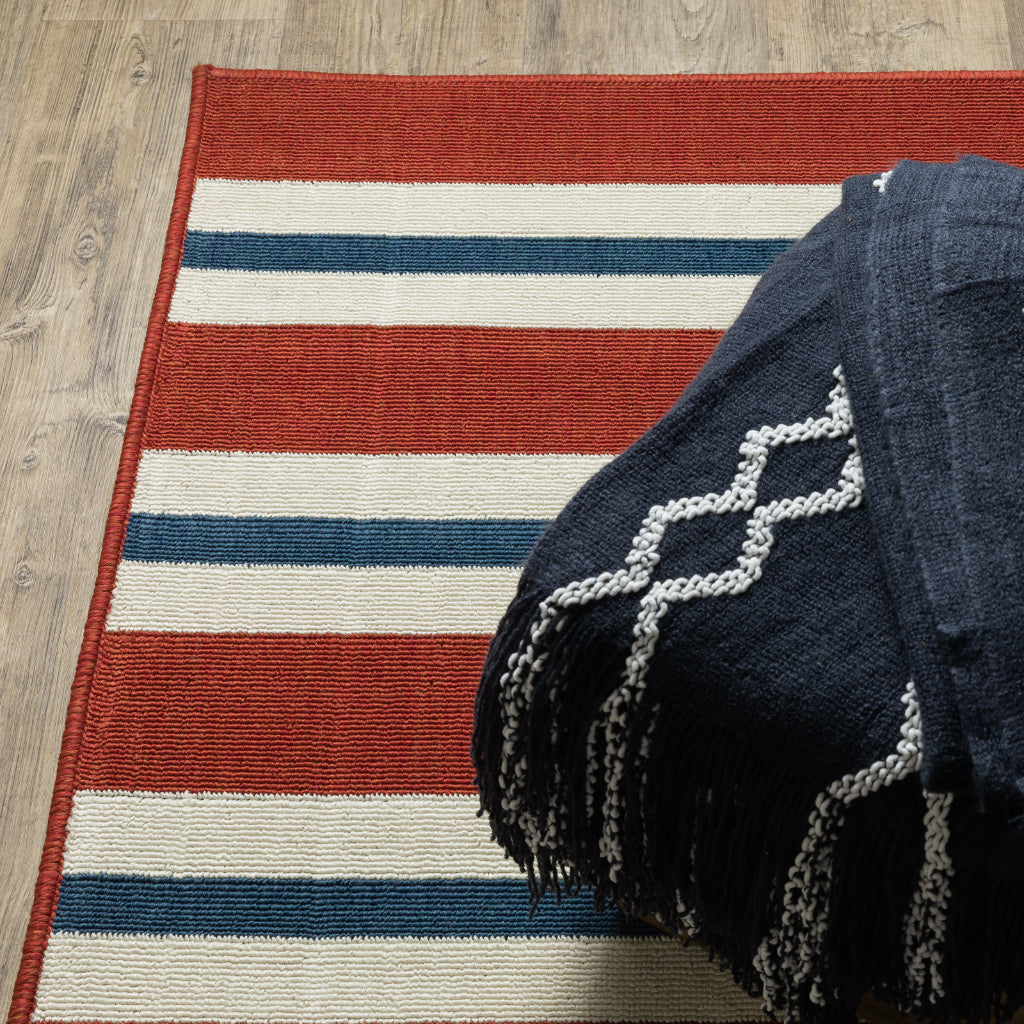 Oriental Weavers Meridian 5701R Red/Blue Rectangle Indoor / Outdoor Area Rug - Trendy Stain Resistant Machine Made Patio Rug with Striped Pattern