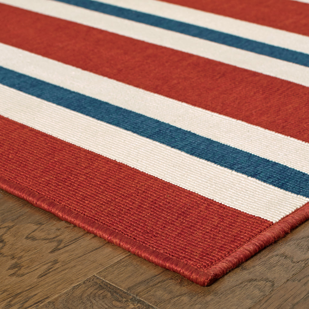 Oriental Weavers Meridian 5701R Red/Blue Rectangle Indoor / Outdoor Area Rug - Trendy Stain Resistant Machine Made Patio Rug with Striped Pattern