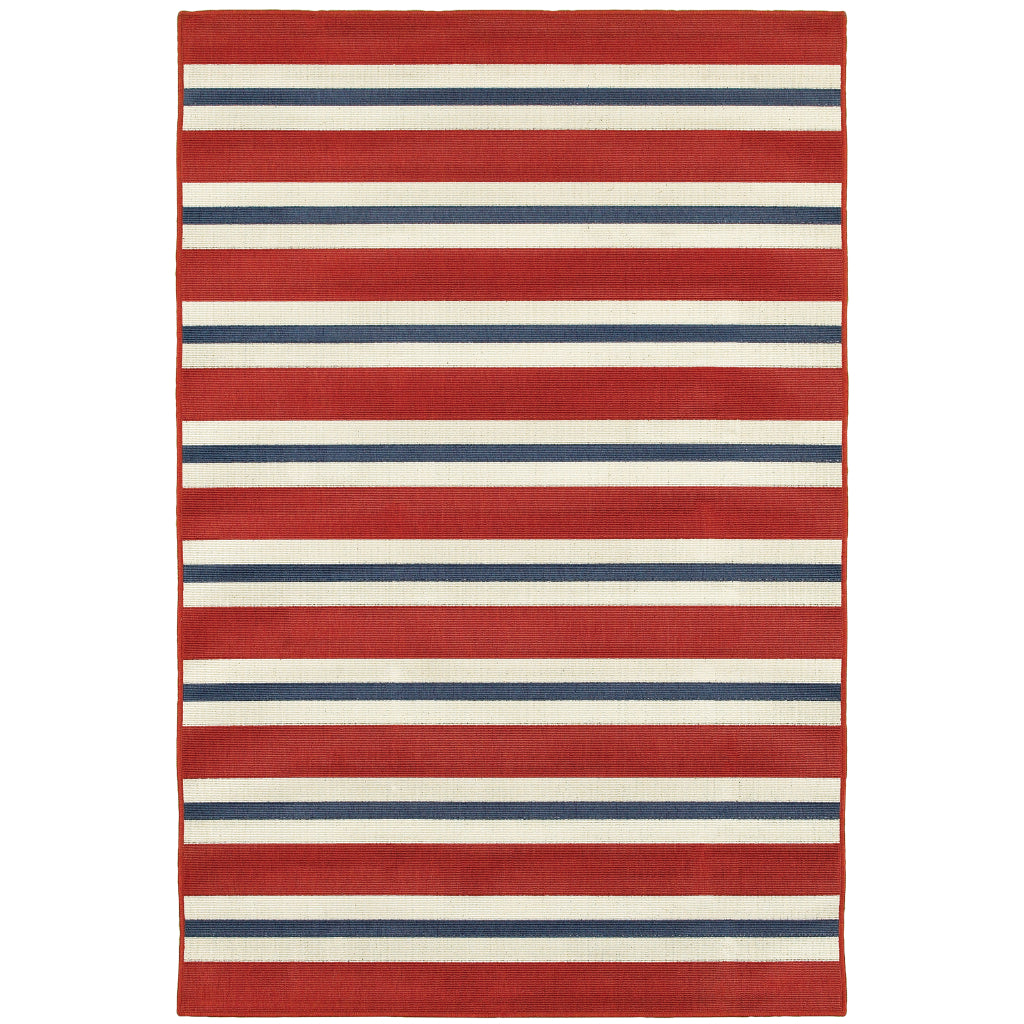 Oriental Weavers Meridian 5701R Red/Blue Rectangle Indoor / Outdoor Area Rug - Trendy Stain Resistant Machine Made Patio Rug with Striped Pattern