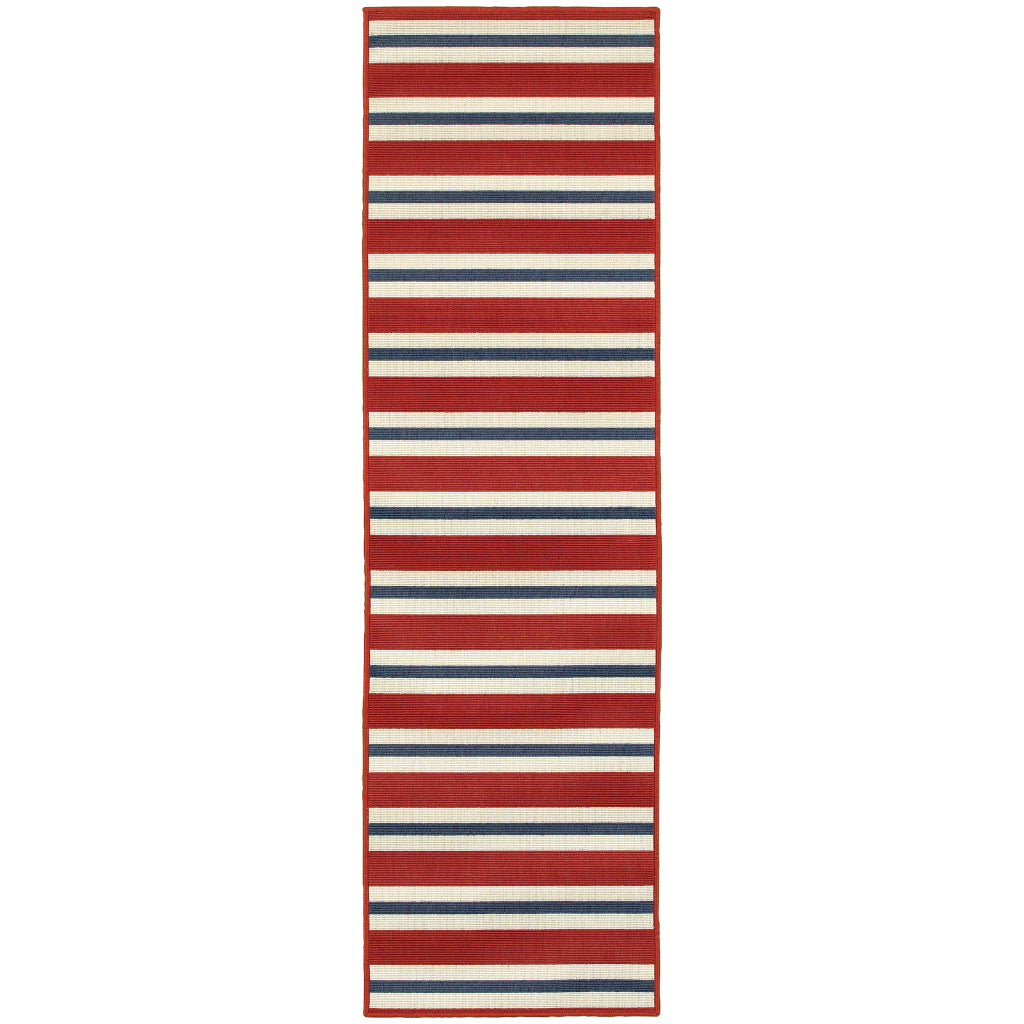 Oriental Weavers Meridian 5701R Red/Blue Rectangle Indoor / Outdoor Runner - Trendy Stain Resistant Machine Made Entryway &amp; Hallway Runner with Striped Pattern