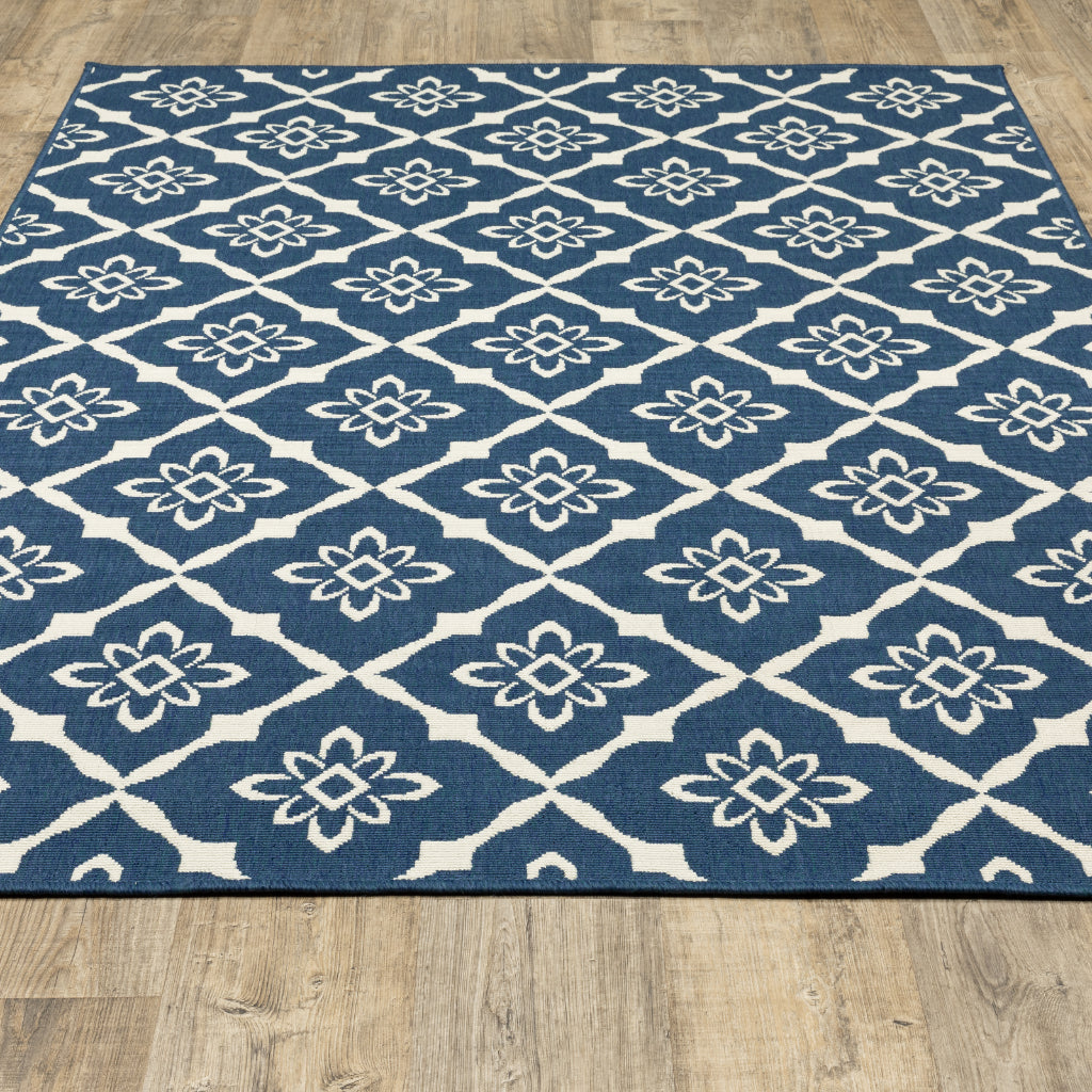 Oriental Weavers Meridian 5703B Navy/Ivory Rectangle Indoor / Outdoor Area Rug - Trendy Stain Resistant Machine Made Patio Rug with Trellis Pattern