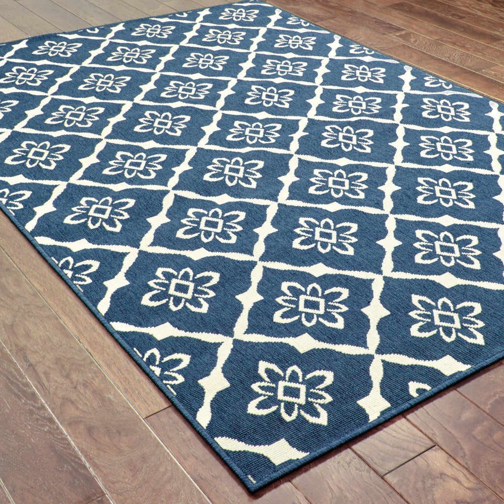 Oriental Weavers Meridian 5703B Navy/Ivory Rectangle Indoor / Outdoor Area Rug - Trendy Stain Resistant Machine Made Patio Rug with Trellis Pattern