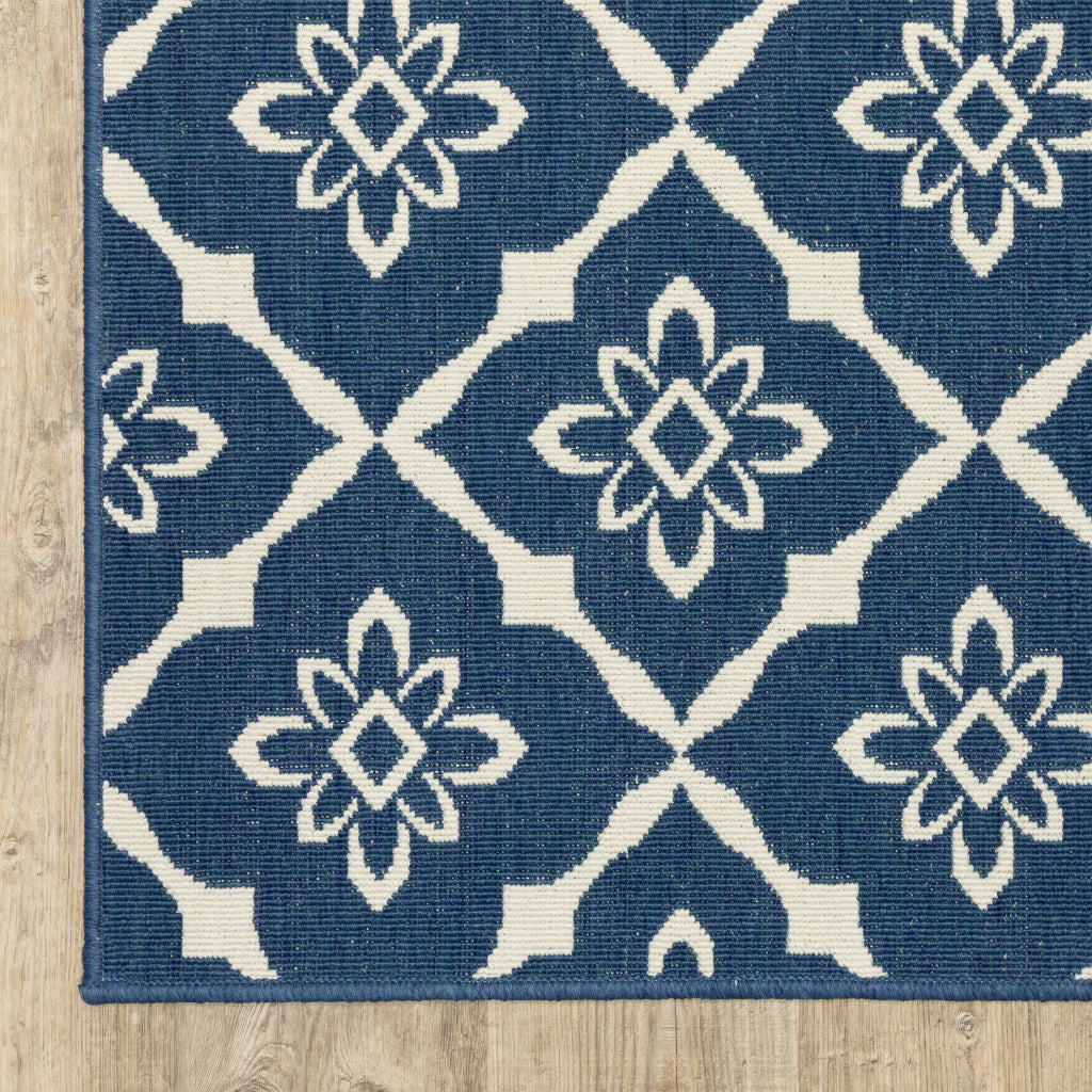 Oriental Weavers Meridian 5703B Navy/Ivory Rectangle Indoor / Outdoor Runner - Trendy Stain Resistant Machine Made Entryway &amp; Hallway Runner with Trellis Pattern