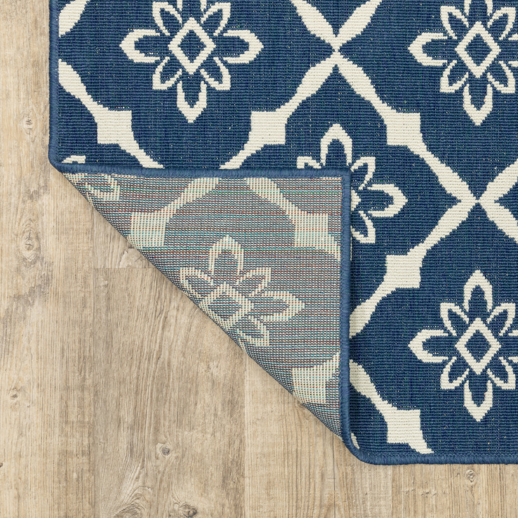 Oriental Weavers Meridian 5703B Navy/Ivory Rectangle Indoor / Outdoor Runner - Trendy Stain Resistant Machine Made Entryway &amp; Hallway Runner with Trellis Pattern