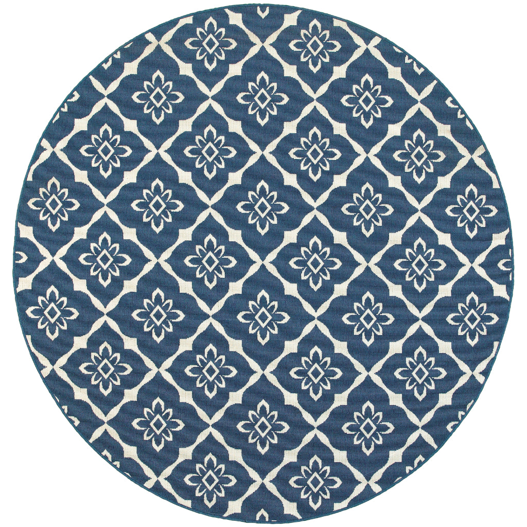 Oriental Weavers Meridian 5703B Navy/Ivory Round Indoor / Outdoor Area Rug - Trendy Stain Resistant Machine Made Rug for Dining & Living Spaces-