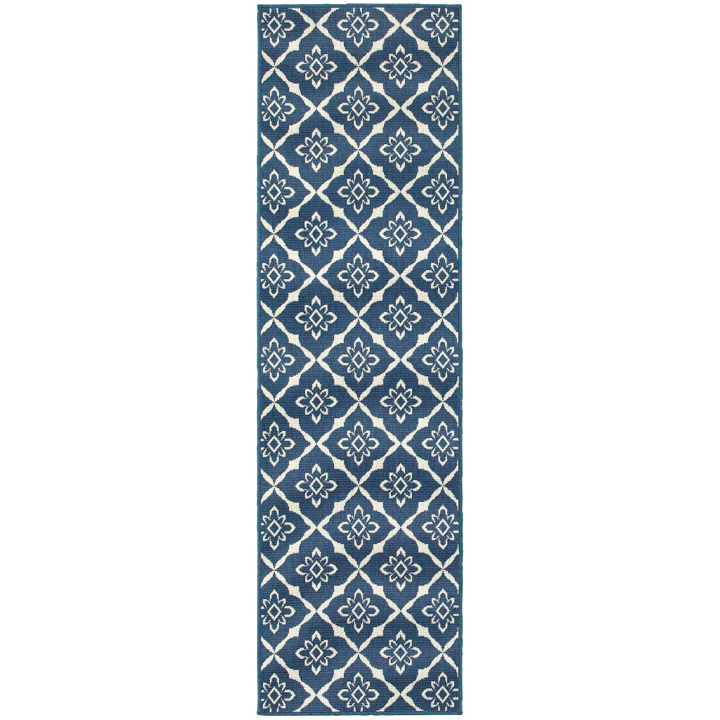 Oriental Weavers Meridian 5703B Navy/Ivory Rectangle Indoor / Outdoor Runner - Trendy Stain Resistant Machine Made Entryway &amp; Hallway Runner with Trellis Pattern