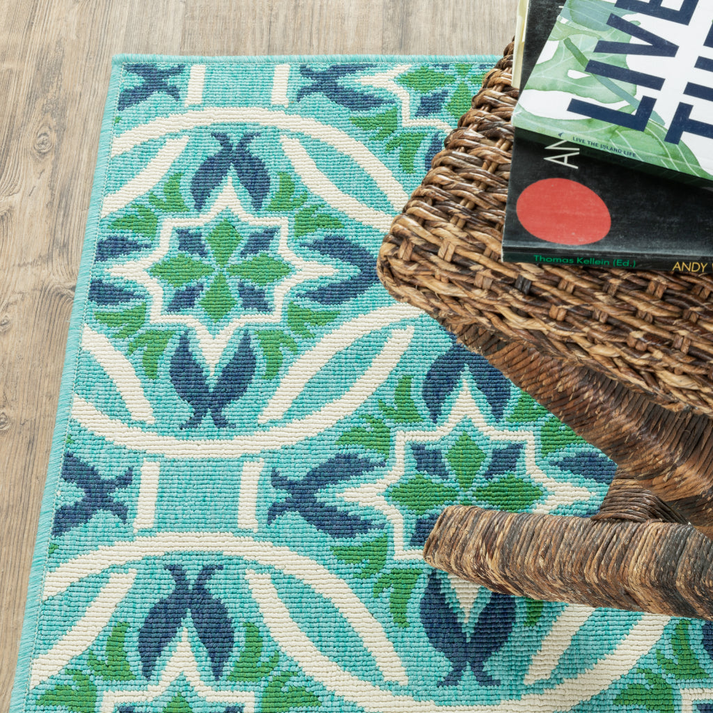 Oriental Weavers Meridian 5868L Blue/Green Rectangle Indoor / Outdoor Runner - Trendy Stain Resistant Machine Made Entryway &amp; Hallway Runner with Floral Pattern