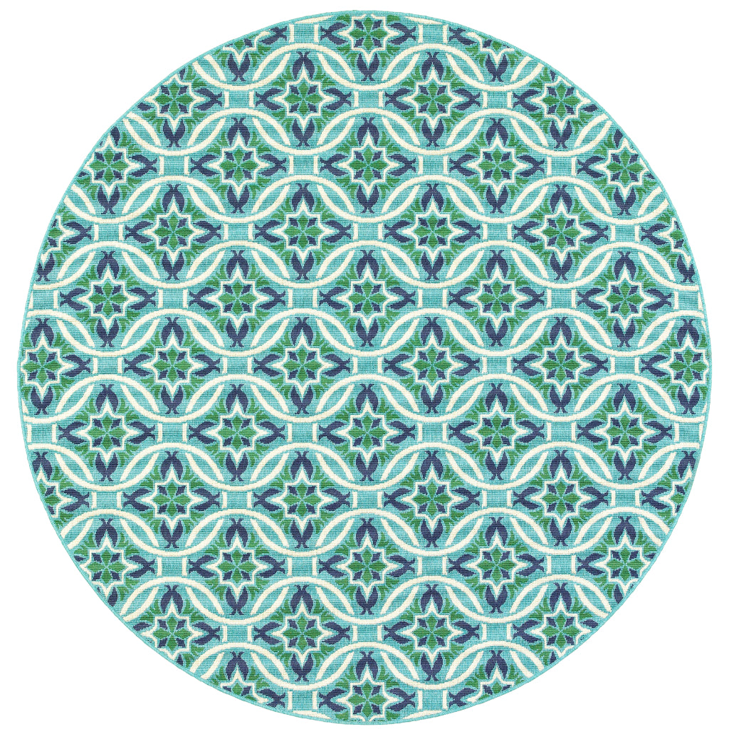 Oriental Weavers Meridian 5868L Blue/Green Round Indoor / Outdoor Area Rug - Trendy Stain Resistant Machine Made Rug for Dining &amp; Living Spaces