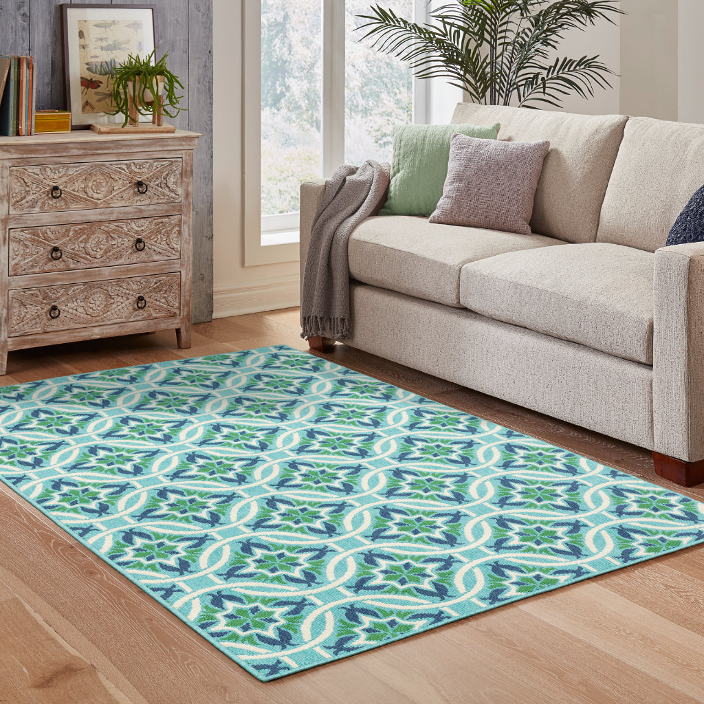 Oriental Weavers Meridian 5868L Blue/Green Rectangle Indoor / Outdoor Area Rug - Trendy Stain Resistant Machine Made Patio Rug with Floral Pattern