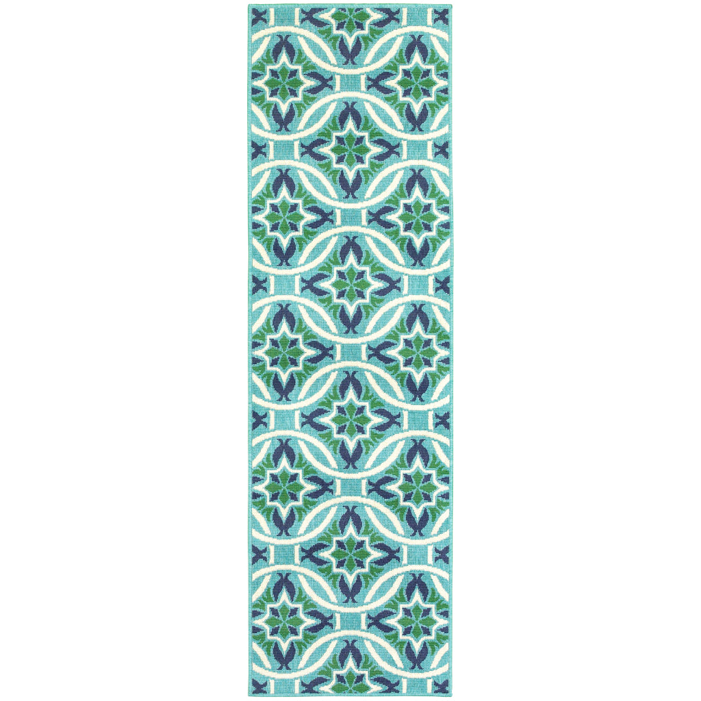 Oriental Weavers Meridian 5868L Blue/Green Rectangle Indoor / Outdoor Runner - Trendy Stain Resistant Machine Made Entryway &amp; Hallway Runner with Floral Pattern