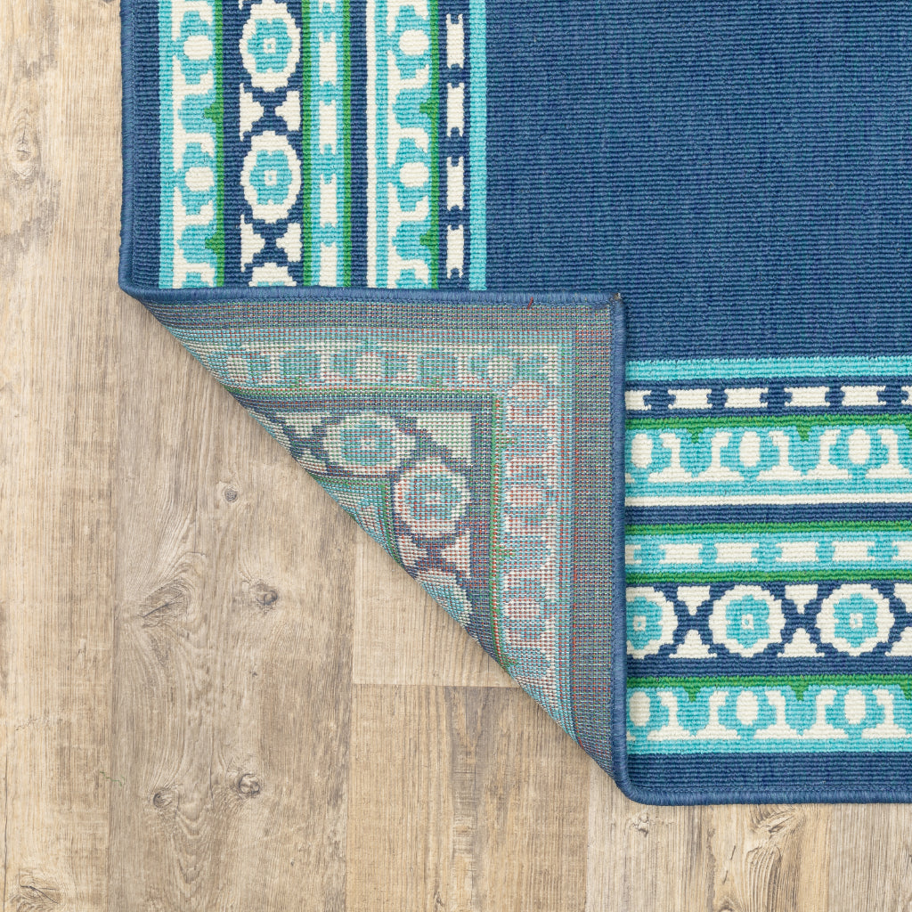 Oriental Weavers Meridian 9650B Navy/Green Rectangle Indoor / Outdoor Runner - Trendy Stain Resistant Machine Made Entryway &amp; Hallway Runner with Border Pattern