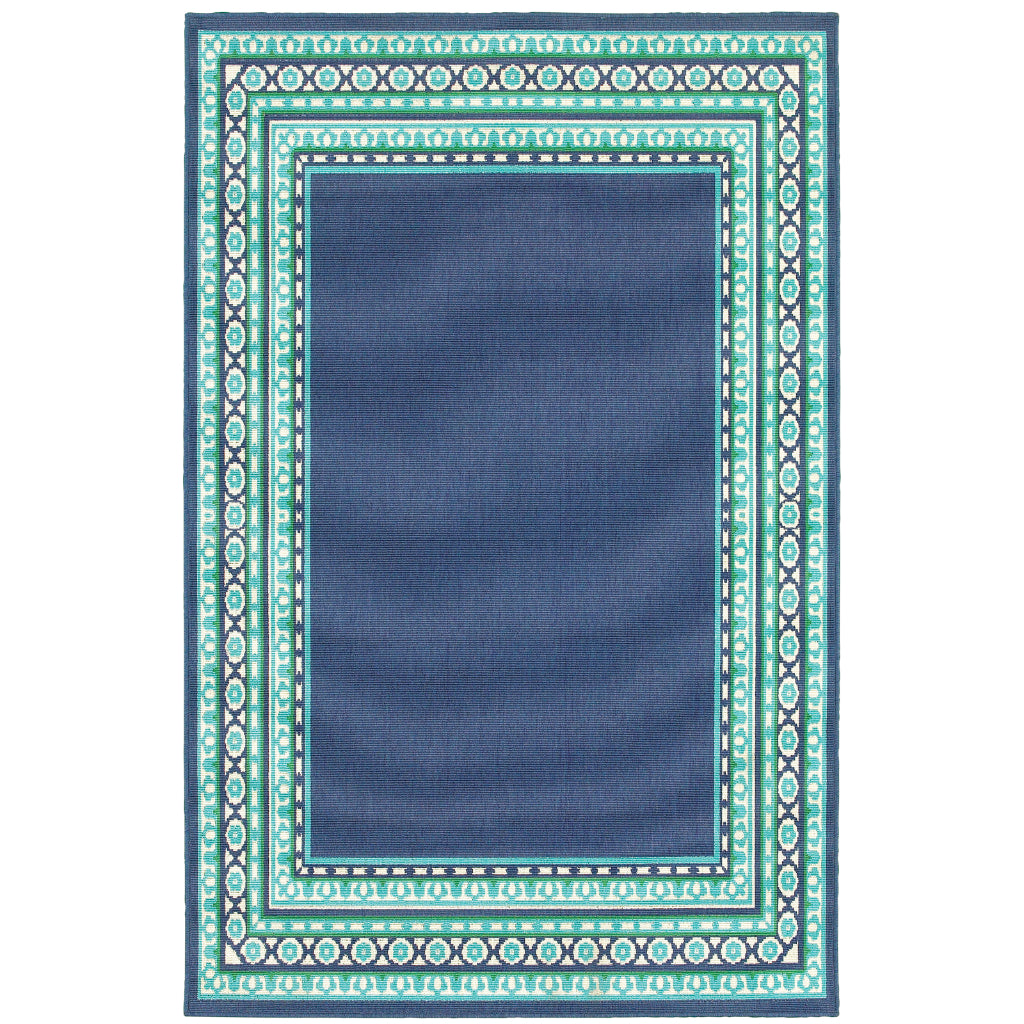 Oriental Weavers Meridian 9650B Navy/Green Rectangle Indoor / Outdoor Area Rug - Trendy Stain Resistant Machine Made Patio Rug with Border Pattern