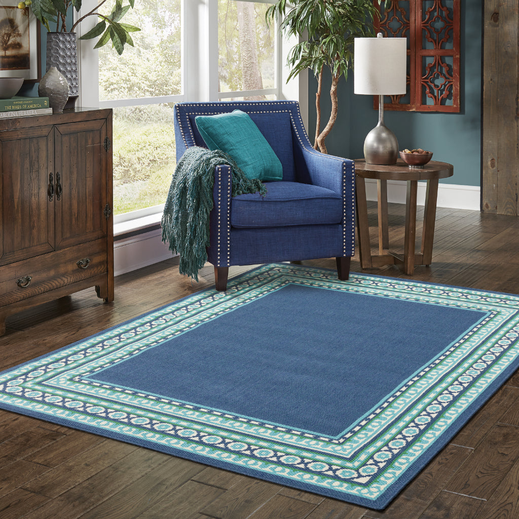 Oriental Weavers Meridian 9650B Navy/Green Rectangle Indoor / Outdoor Area Rug - Trendy Stain Resistant Machine Made Patio Rug with Border Pattern