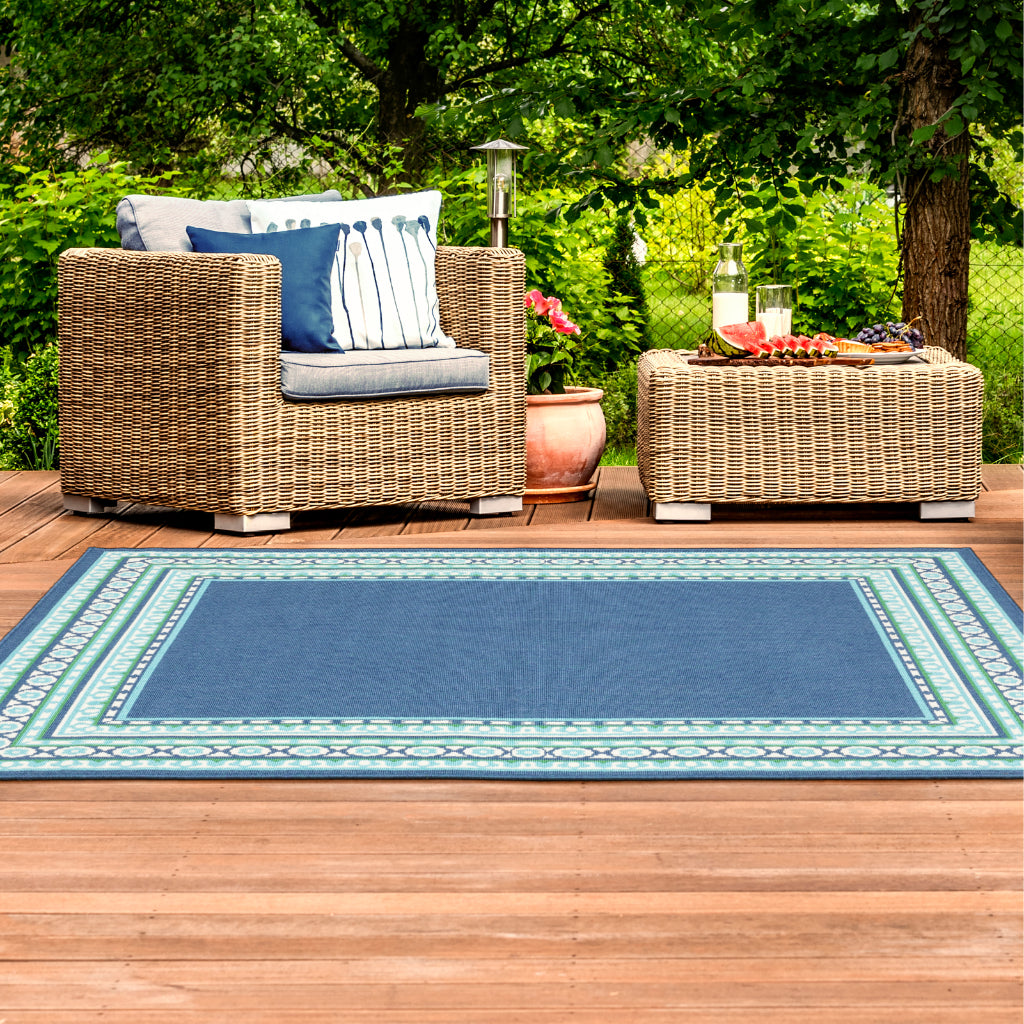 Oriental Weavers Meridian 9650B Navy/Green Rectangle Indoor / Outdoor Area Rug - Trendy Stain Resistant Machine Made Patio Rug with Border Pattern