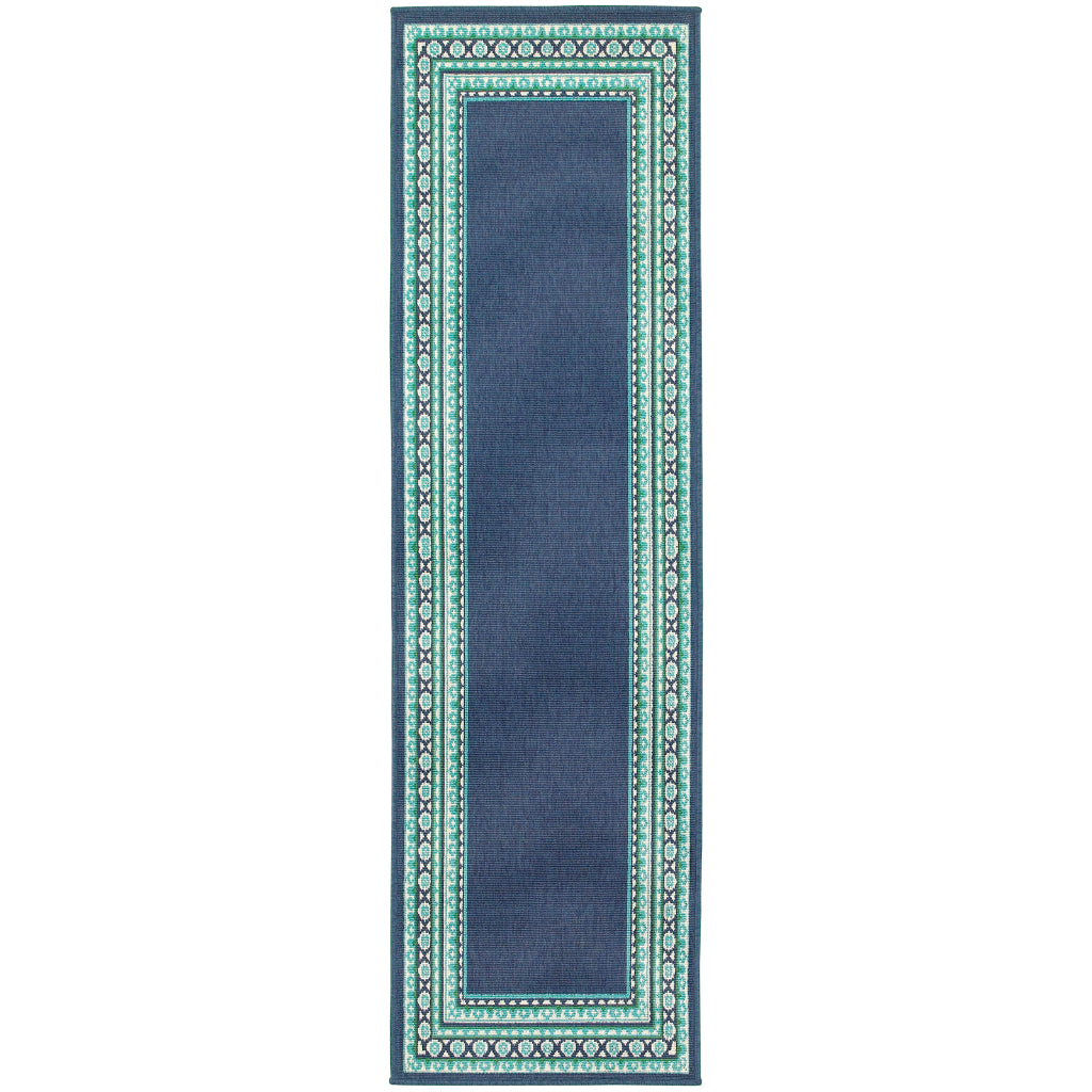 Oriental Weavers Meridian 9650B Navy/Green Rectangle Indoor / Outdoor Runner - Trendy Stain Resistant Machine Made Entryway &amp; Hallway Runner with Border Pattern