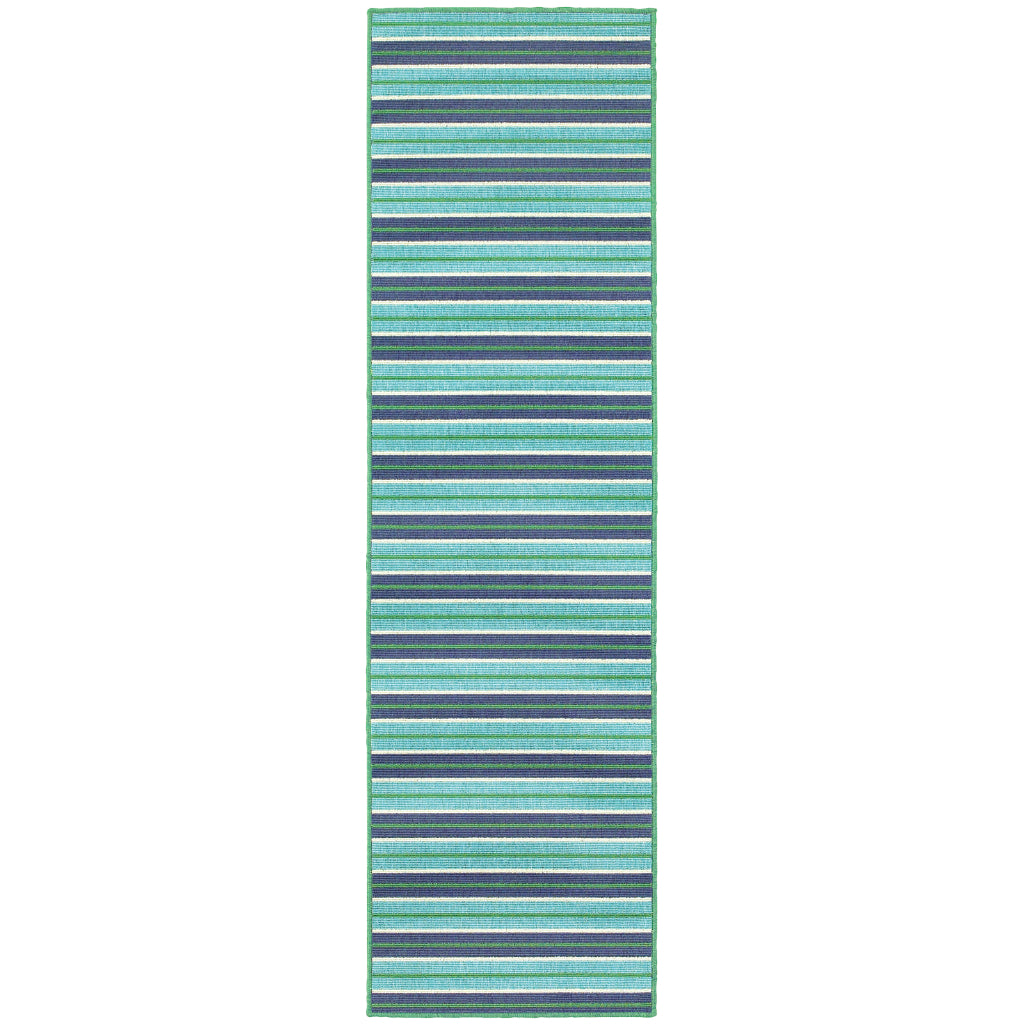 Oriental Weavers Meridian 9652F Blue/Green Rectangle Indoor / Outdoor Runner - Trendy Stain Resistant Machine Made Entryway &amp; Hallway Runner with Striped Pattern