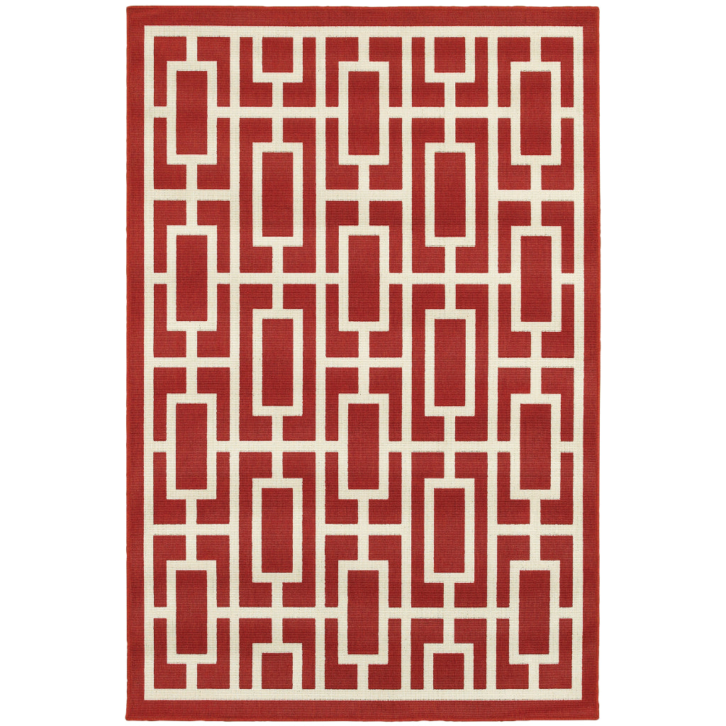 Oriental Weavers Meridian 9754R Red/Ivory Rectangle Indoor / Outdoor Area Rug - Trendy Stain Resistant Machine Made Patio Rug with Geometric Pattern