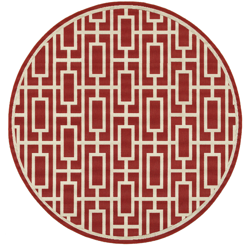 Oriental Weavers Meridian 9754R Red/Ivory Round Indoor / Outdoor Area Rug - Trendy Stain Resistant Machine Made Rug for Dining & Living Spaces-