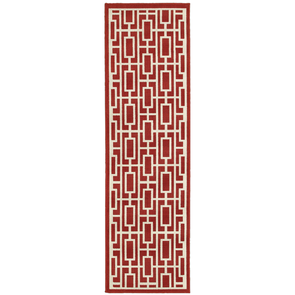 Oriental Weavers Meridian 9754R Red/Ivory Rectangle Indoor / Outdoor Runner - Trendy Stain Resistant Machine Made Entryway &amp; Hallway Runner with Geometric Pattern