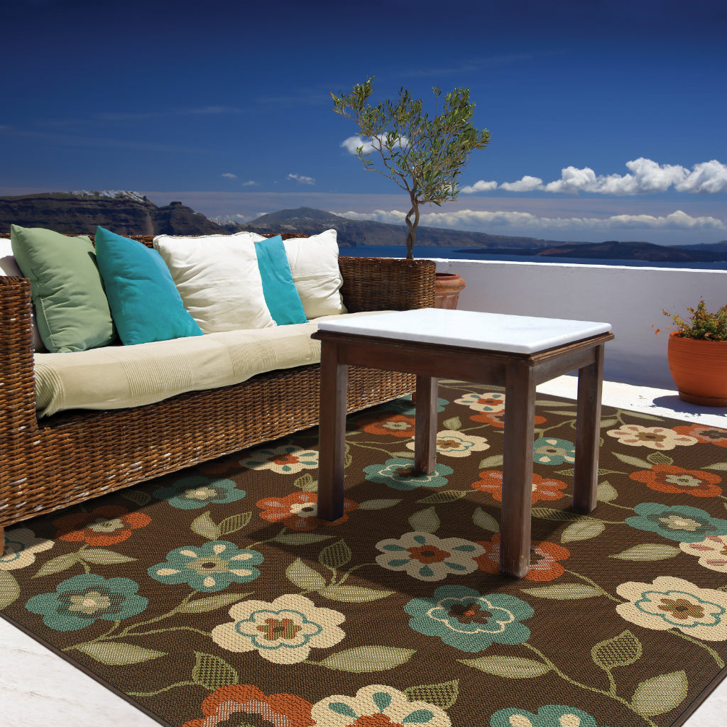 Oriental Weavers Montego 2267D Brown/Ivory Rectangle Indoor / Outdoor Area Rug - Stylish Stain Resistant Machine Made Patio Rug with Floral Pattern