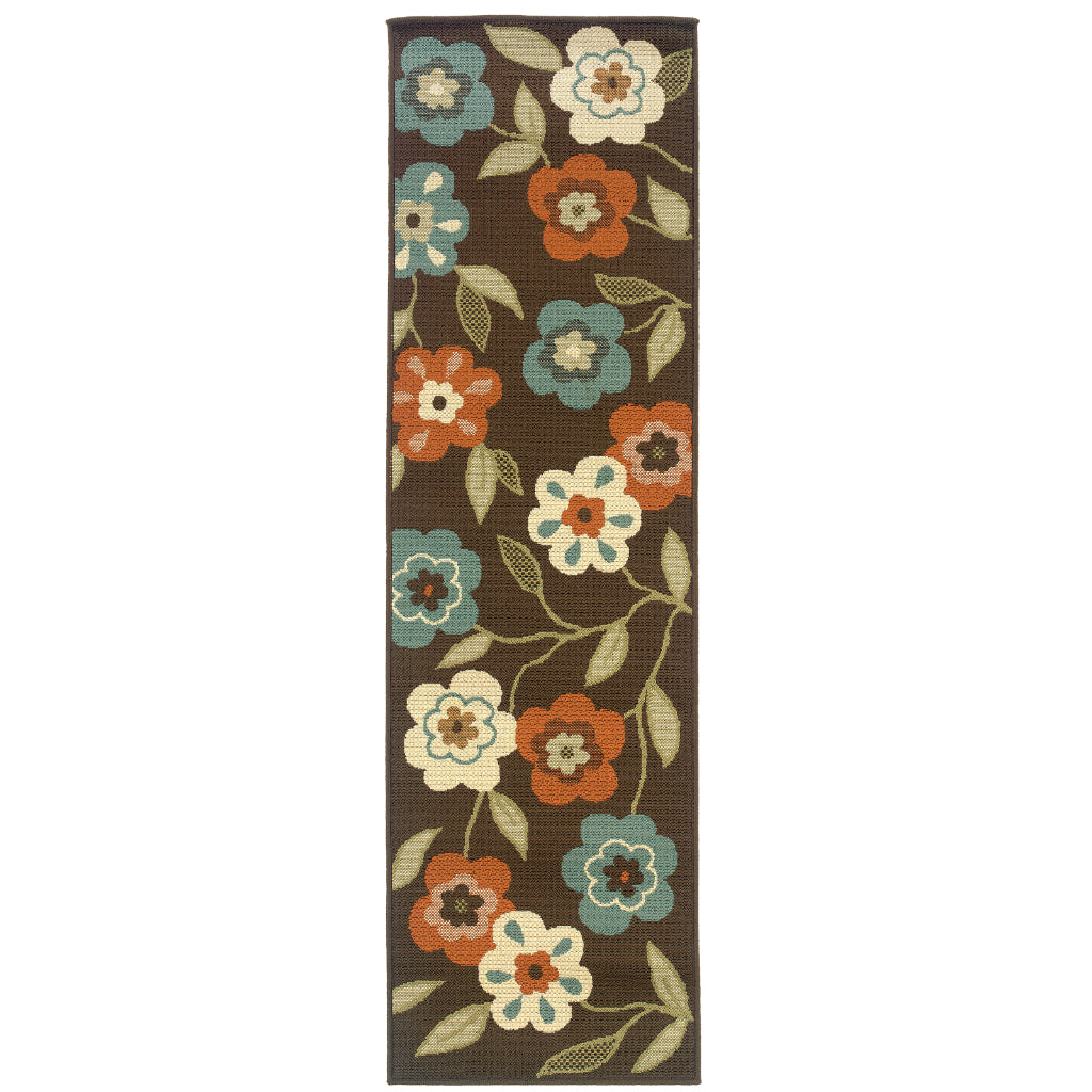 Oriental Weavers Montego 2267D Brown/Ivory Rectangle Indoor / Outdoor Runner - Stylish Stain Resistant Machine Made Entryway &amp; Hallway Runner with Floral Pattern